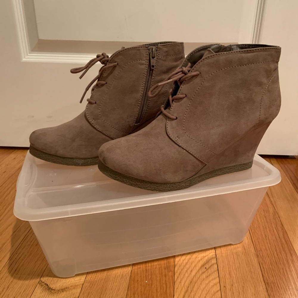 Tan suede lace up wedge booties